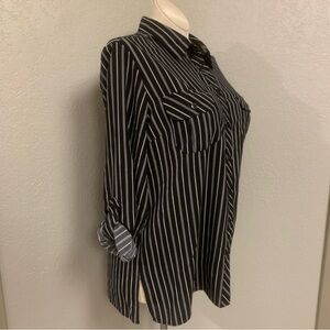 NWT Notations Black & White Striped Blouse Button Up Roll Sleeves Tab
